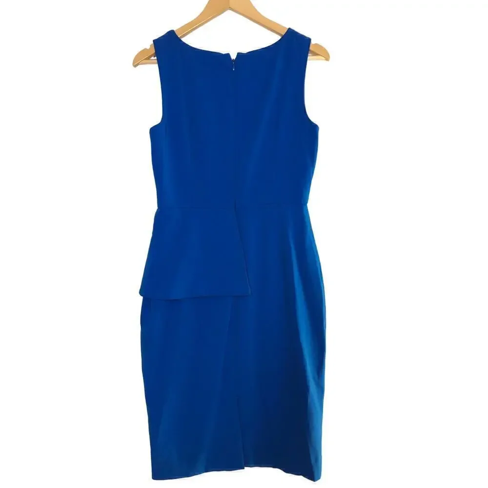 Badgley Mischka Peplum Dress Sleeveless Boat Neck Flap Sheath Knee Length Blue 6